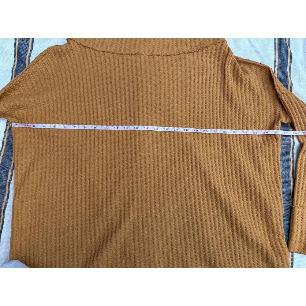 Free People  Top Womens Medium Mustard Yellow Waffle Knit Raw Hem Cowl Neck Cozy - Picture 6 of 11